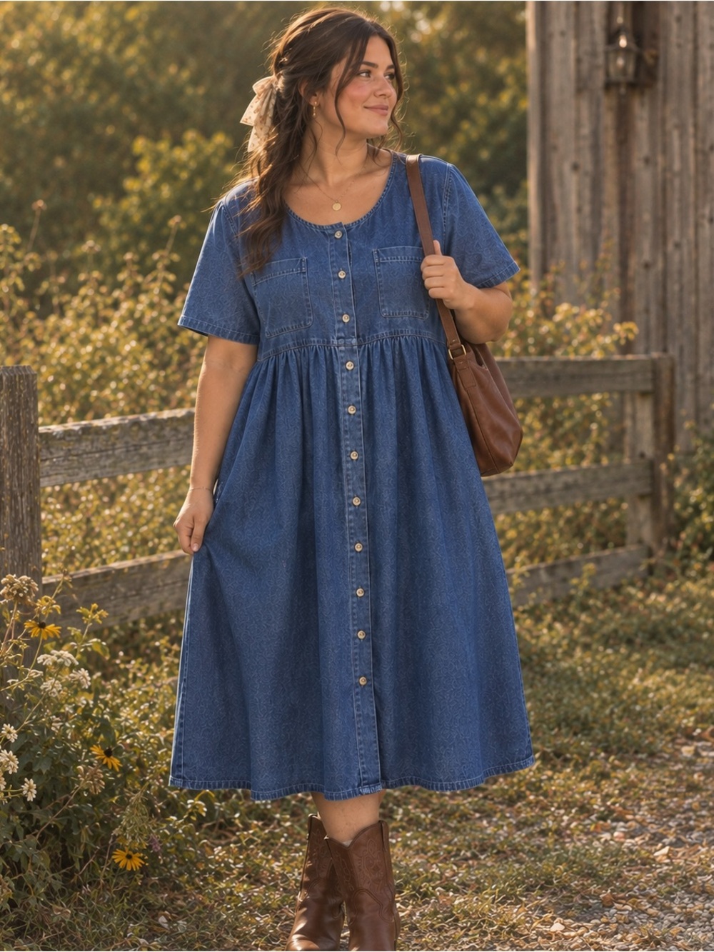 Vintage Cottagecore Prairie Western Boho Modest Midi Denim Dress Grannycore XL